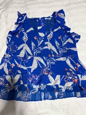 Tanya Taylor Cobalt Blue Floral Ruffle Peplum Blouse
